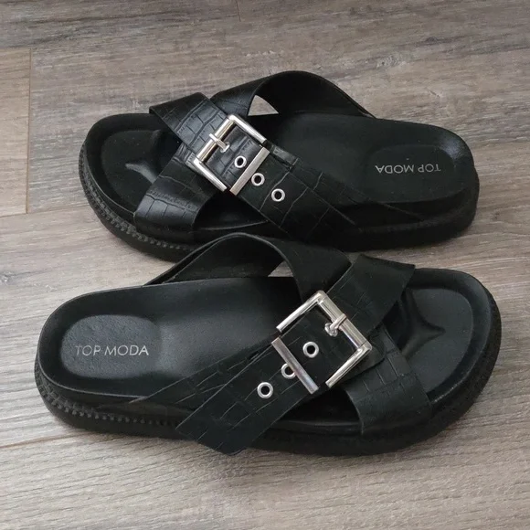TOP Moda Black Croc-Embossed Sandals - Picture 3 of 8